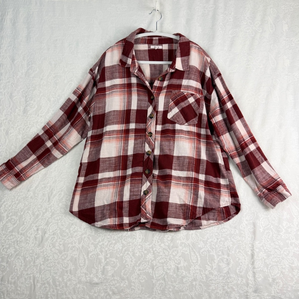 Maurices Womens XXL Red Plaid Flannel Shirt Button Up Boho Gorpcore Oversized